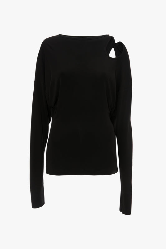 A Twist Detail Jersey Top In Black by Victoria Beckham with an asymmetrical cutout near the right shoulder.
