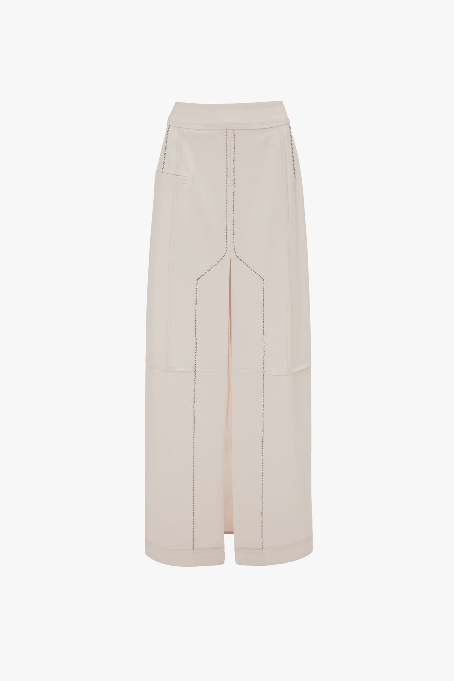 A long, off-white Deconstructed Floor-Length Skirt In Bone by Victoria Beckham with vertical stitching details, front slit, and two side pockets exudes relaxed refinement against a plain white background.