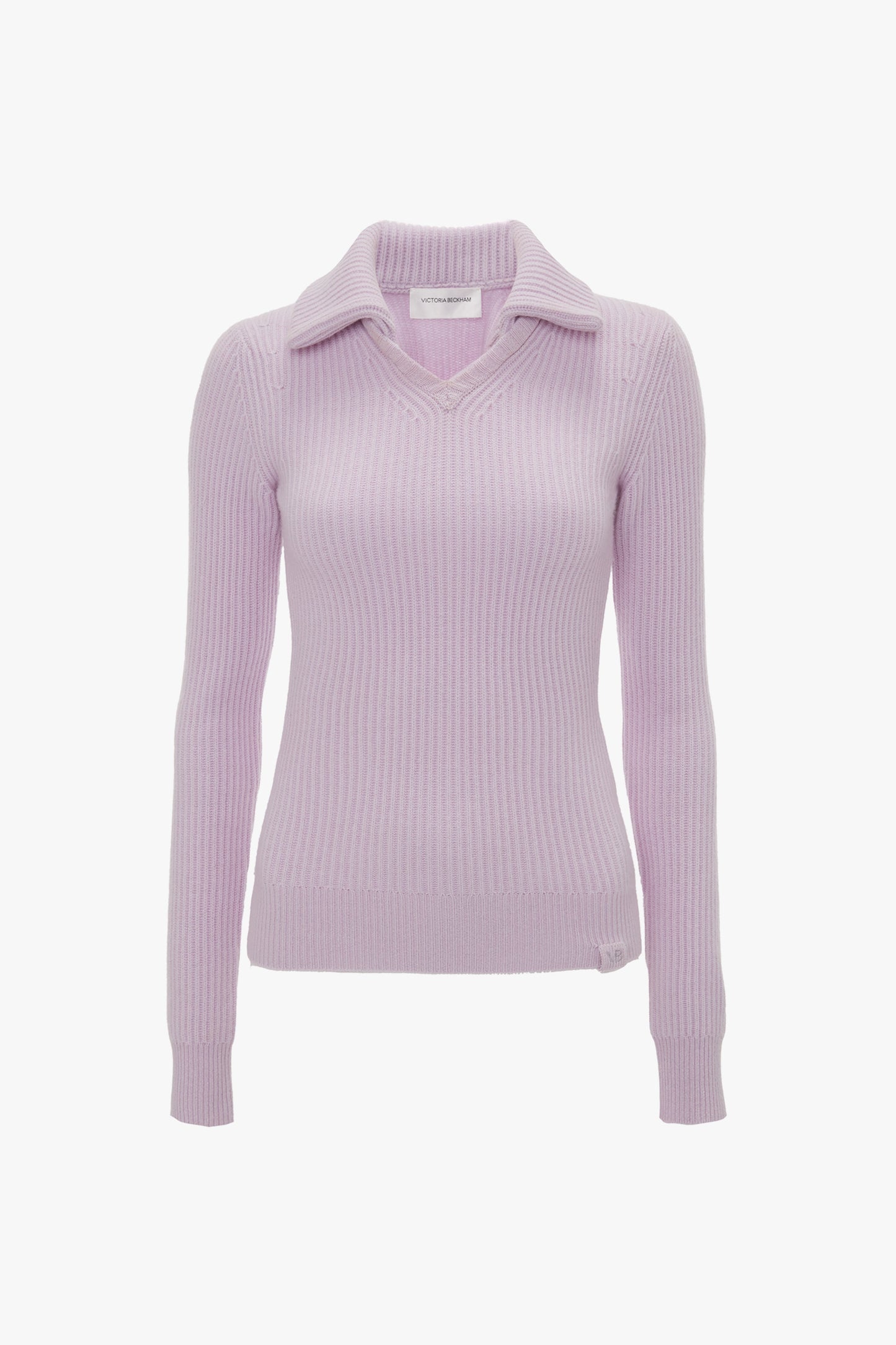 Lilac long-sleeve ribbed sweater with a collar and V-neckline, reminiscent of a textured knit, displayed on a white background. It's the Double Collared Jumper In Petunia by Victoria Beckham.