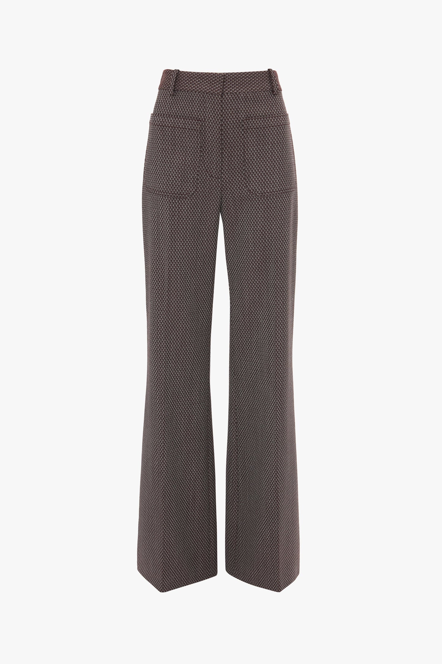 A pair of brown, wide-leg pants with a subtle, dotted pattern, front pockets, and belt loops displayed against a white background. The Victoria Beckham Alina Trouser In Tobacco features a super-high waist that enhances the flared leg design.