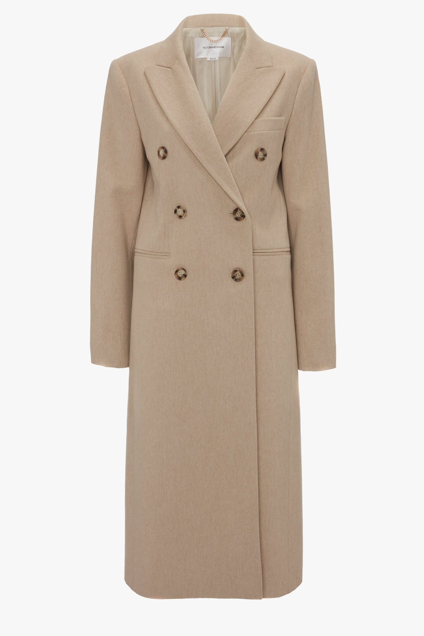 A Tailored Slim Coat In Bone by Victoria Beckham with wide lapels and four brown buttons, featuring side pockets and a notched collar.