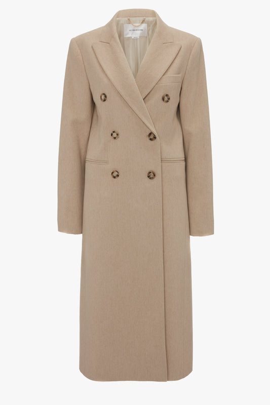 A Tailored Slim Coat In Bone by Victoria Beckham with wide lapels and four brown buttons, featuring side pockets and a notched collar.