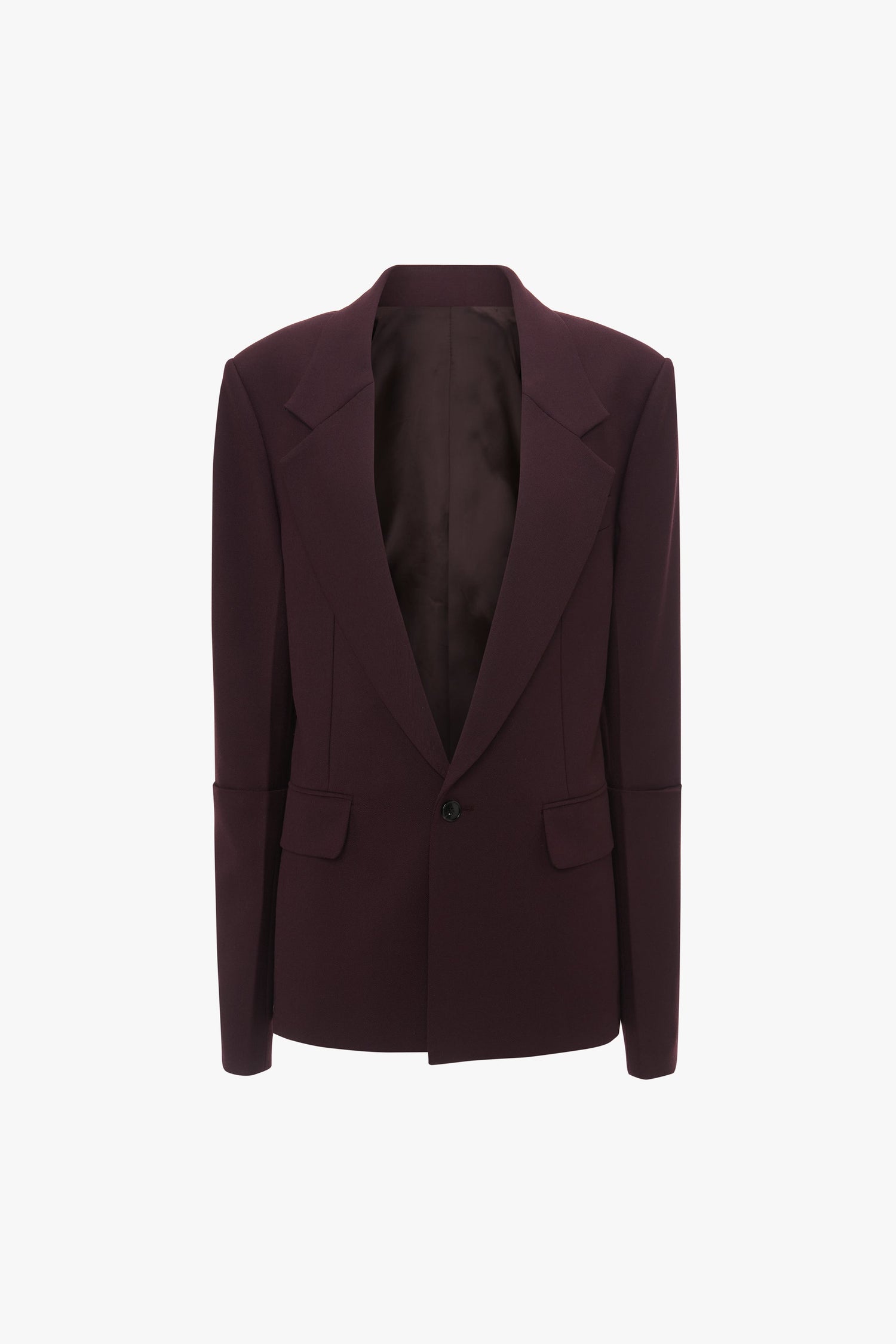 A deep mahogany **Victoria Beckham Sleeve Detail Patch Pocket Jacket in Deep Mahogany** with wide lapels and a single front button is elegantly displayed against a white background.