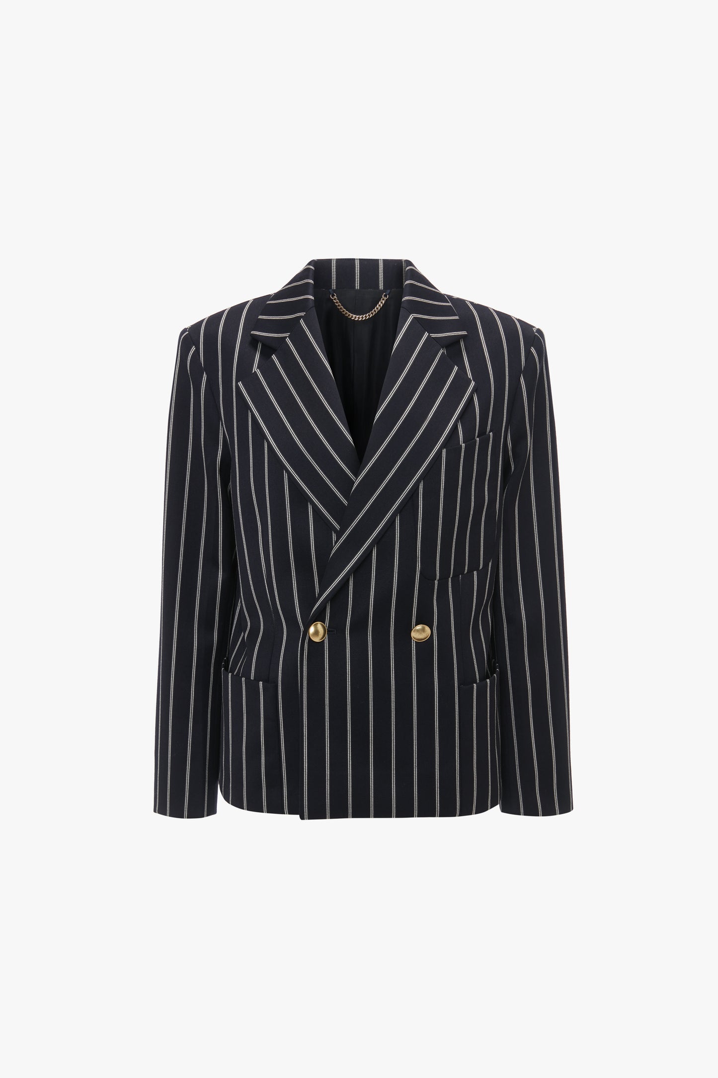 A Cropped Double Breasted Jacket In Midnight-White by Victoria Beckham with gold buttons, and a notched lapel exuding contemporary flair.