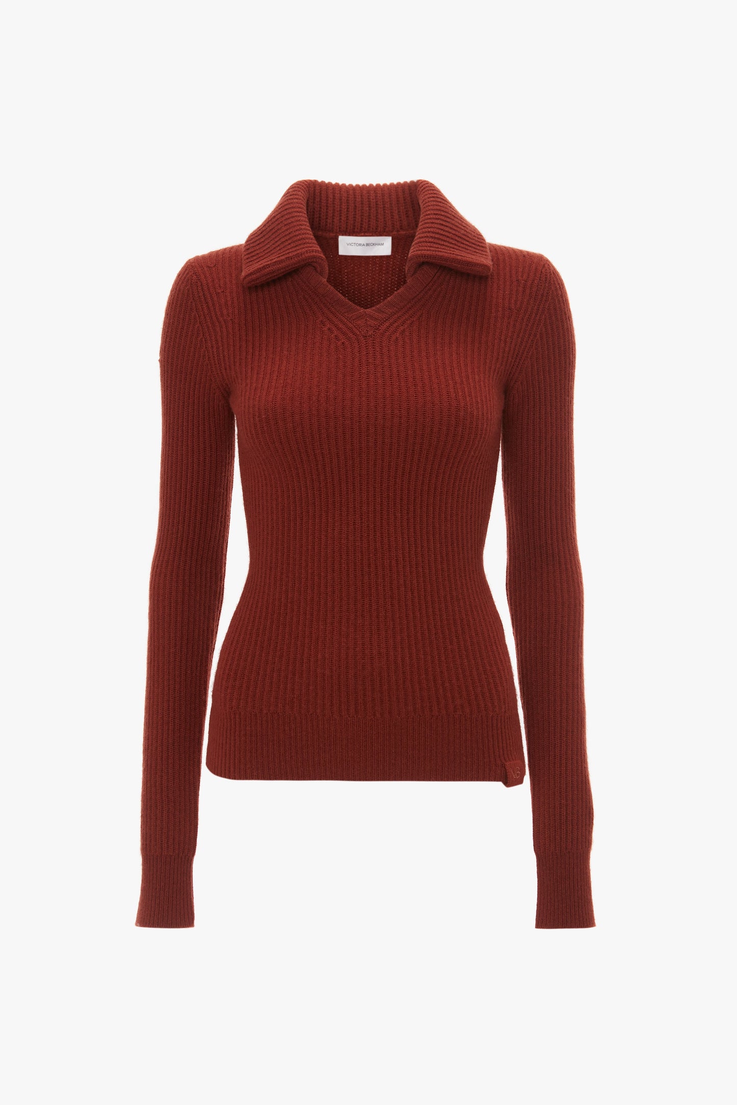 A rust-colored, long-sleeve ribbed sweater with a V-neck and a stylish collared neckline, resembling the elegance of the Double Collared Jumper In Russet by Victoria Beckham.