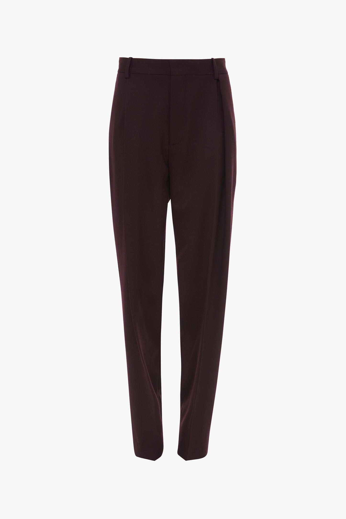 A pair of Victoria Beckham Asymmetric Chino Trouser In Deep Mahogany with a straight-leg fit, belt loops, and front pleats, displayed against a white background.