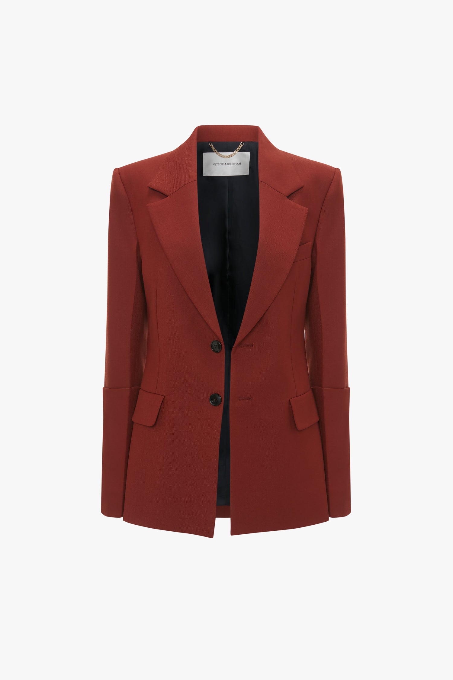 A stylish, russet women's Sleeve Detail Patch Pocket Jacket In Russet with contemporary detailing, featuring peaked lapels, two buttons, and two front flap pockets from Victoria Beckham, displayed against a white background.