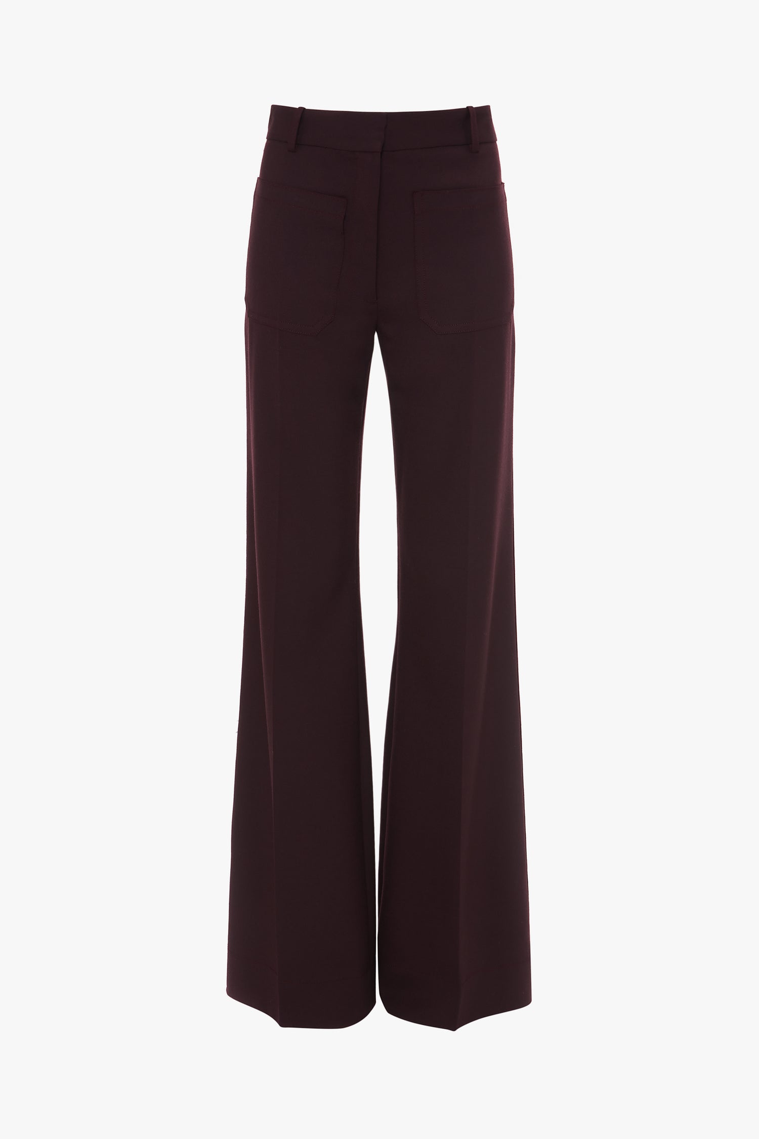 Back view of Alina Trouser In Deep Mahogany, high-waisted, wide-leg pants made from recycled wool, featuring two back pockets on a white background by Victoria Beckham.