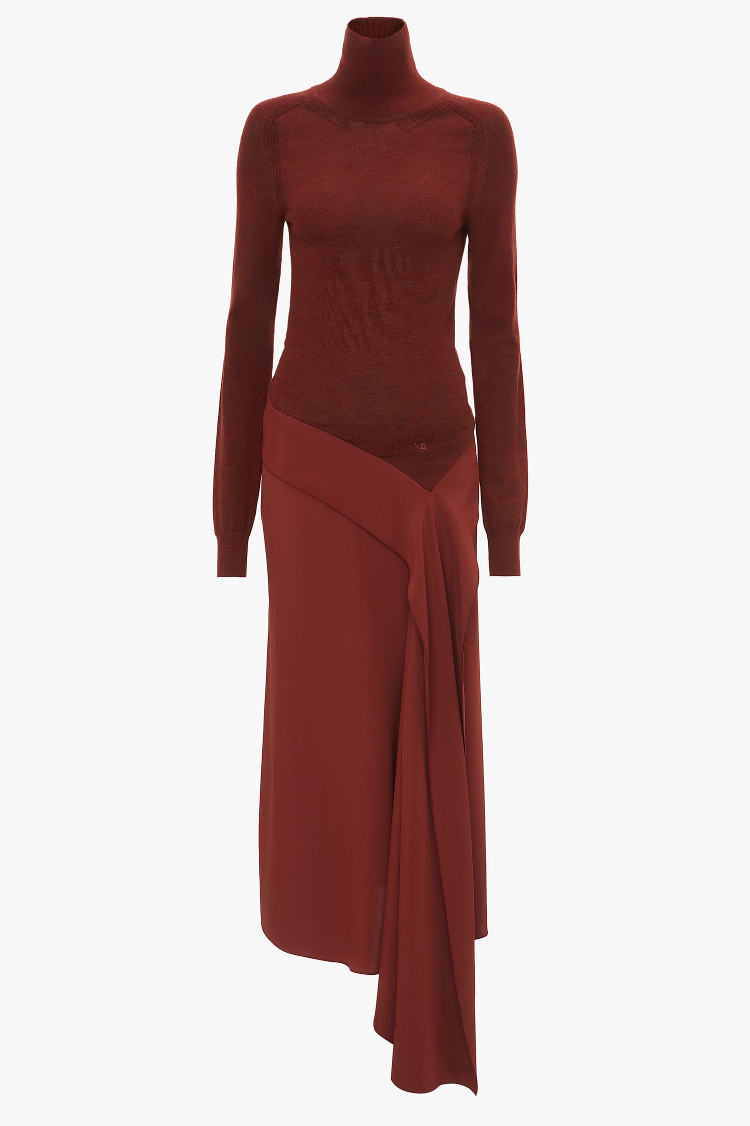 A mannequin dressed in a dark red, long-sleeved High Neck Tie Detail Dress In Russet by Victoria Beckham.