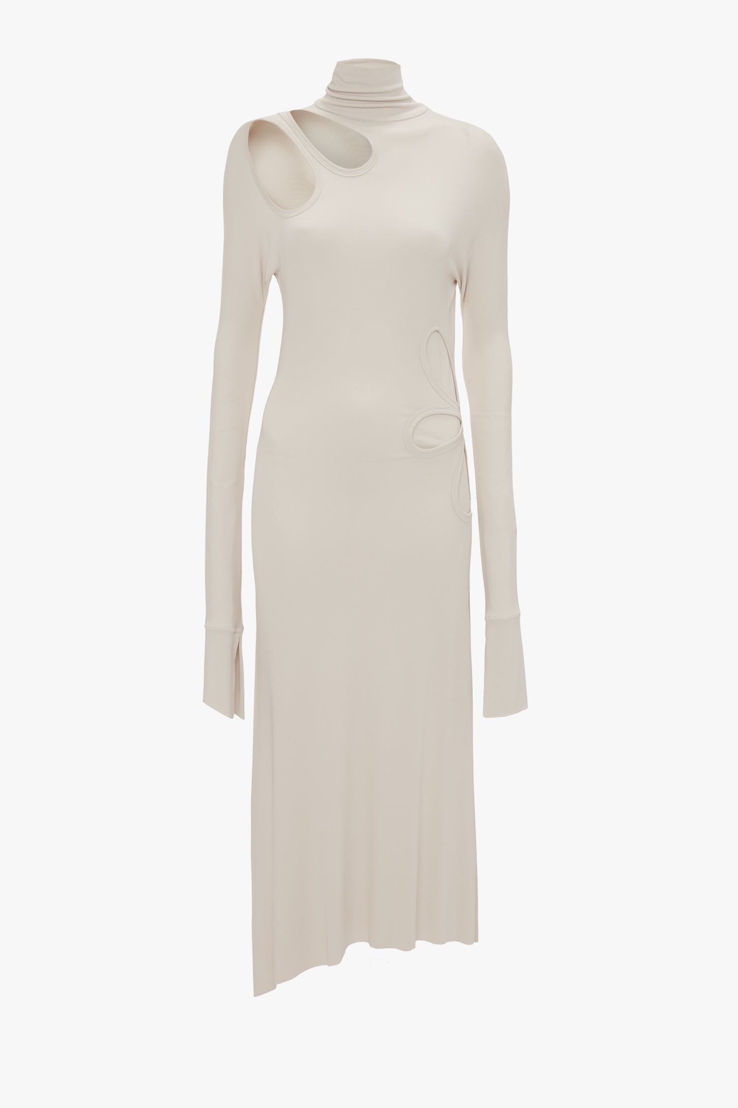 The Long Sleeve Cut-Out Jersey Midi Dress In Bone by Victoria Beckham in off-white is crafted from liquid crepe jersey, showcasing asymmetrical cutouts on the chest and shoulder. It features a high neckline and a chic asymmetric hemline for added flair.