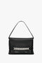 A black leather Chain Pouch Bag with Brushed Silver Chain In Black Leather by Victoria Beckham with a single top handle, featuring a rectangular shape and a distinctive brushed silver chain detail on the front. Includes a convenient detachable strap for versatile carrying options.