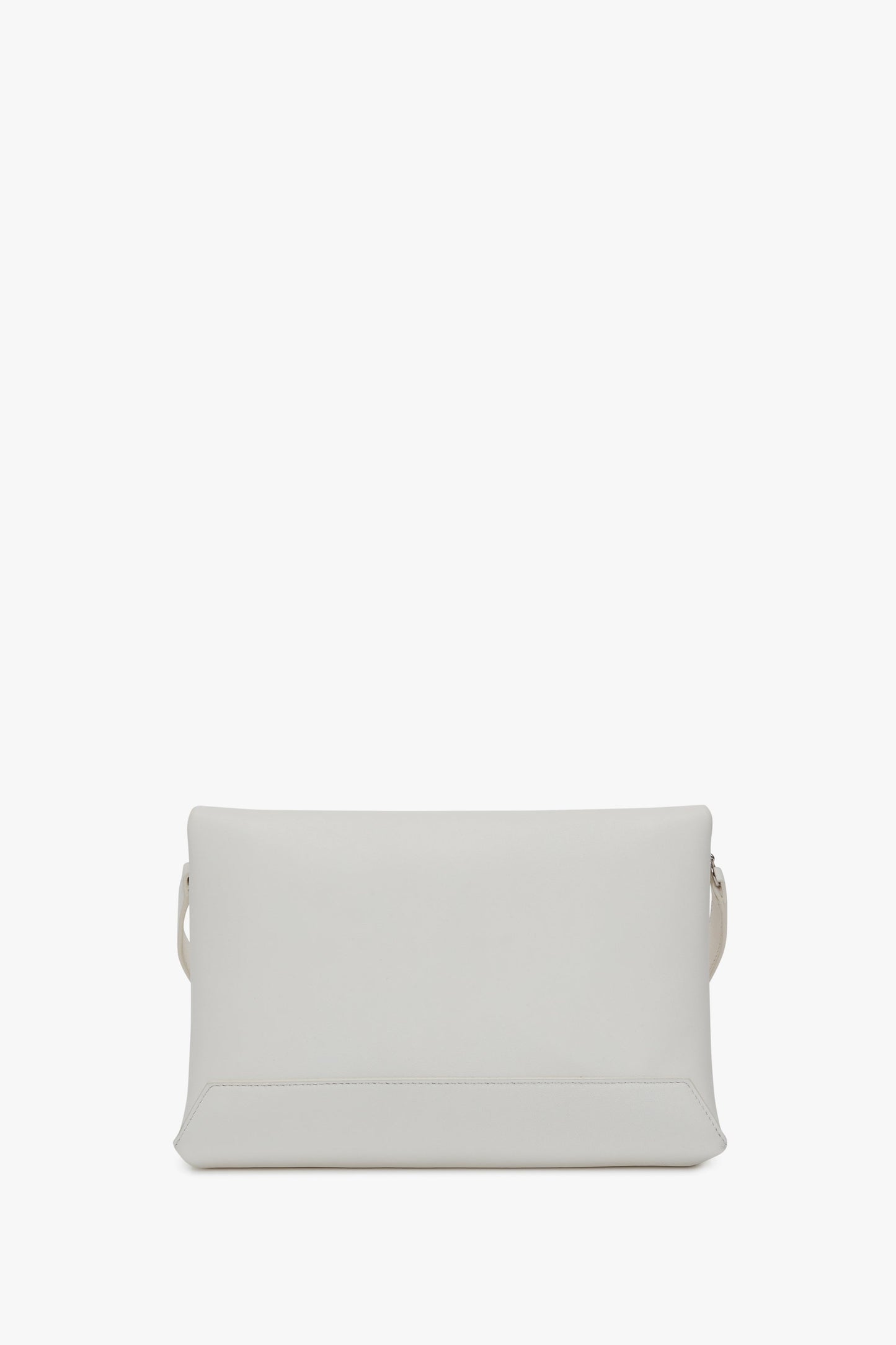 A minimalist white rectangular Chain Pouch Bag with Brushed Silver Chain In White, featuring silver Victoria Beckham branding and a detachable slim shoulder strap on both sides. The background is plain white.