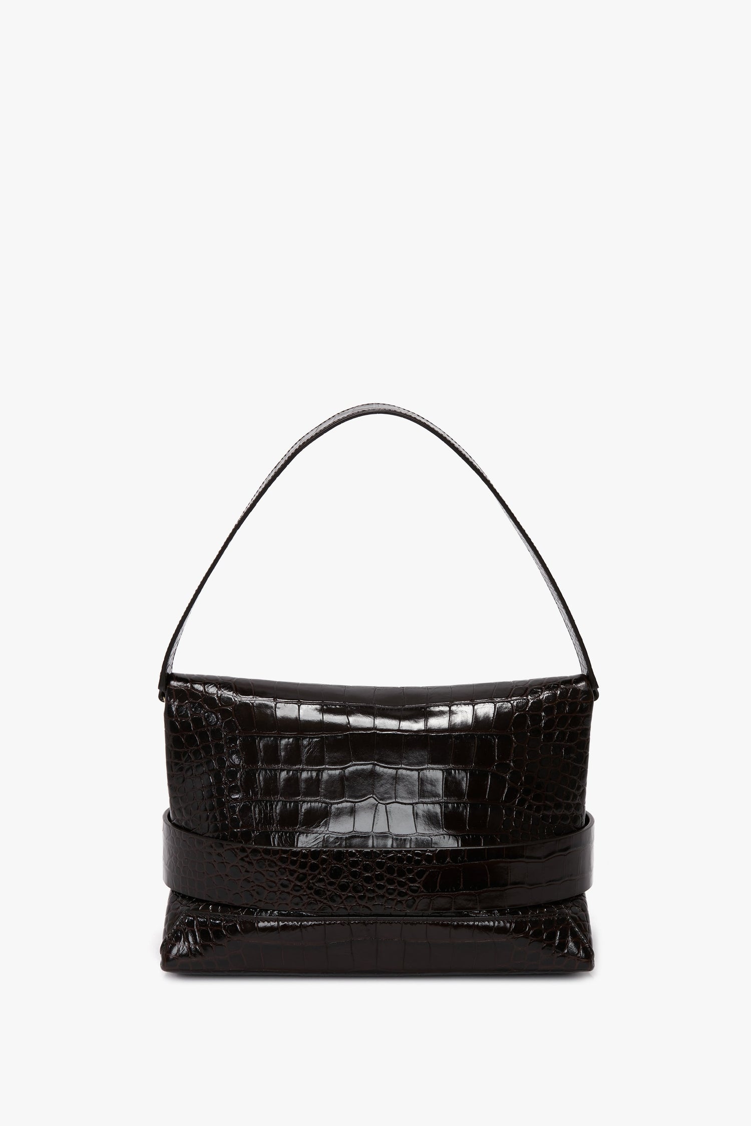 The B Pouch Bag In Croc Effect Espresso Leather by Victoria Beckham is made of calf leather with an embossed crocodile print, featuring a single handle, a structured rectangular shape, and a detachable shoulder strap.