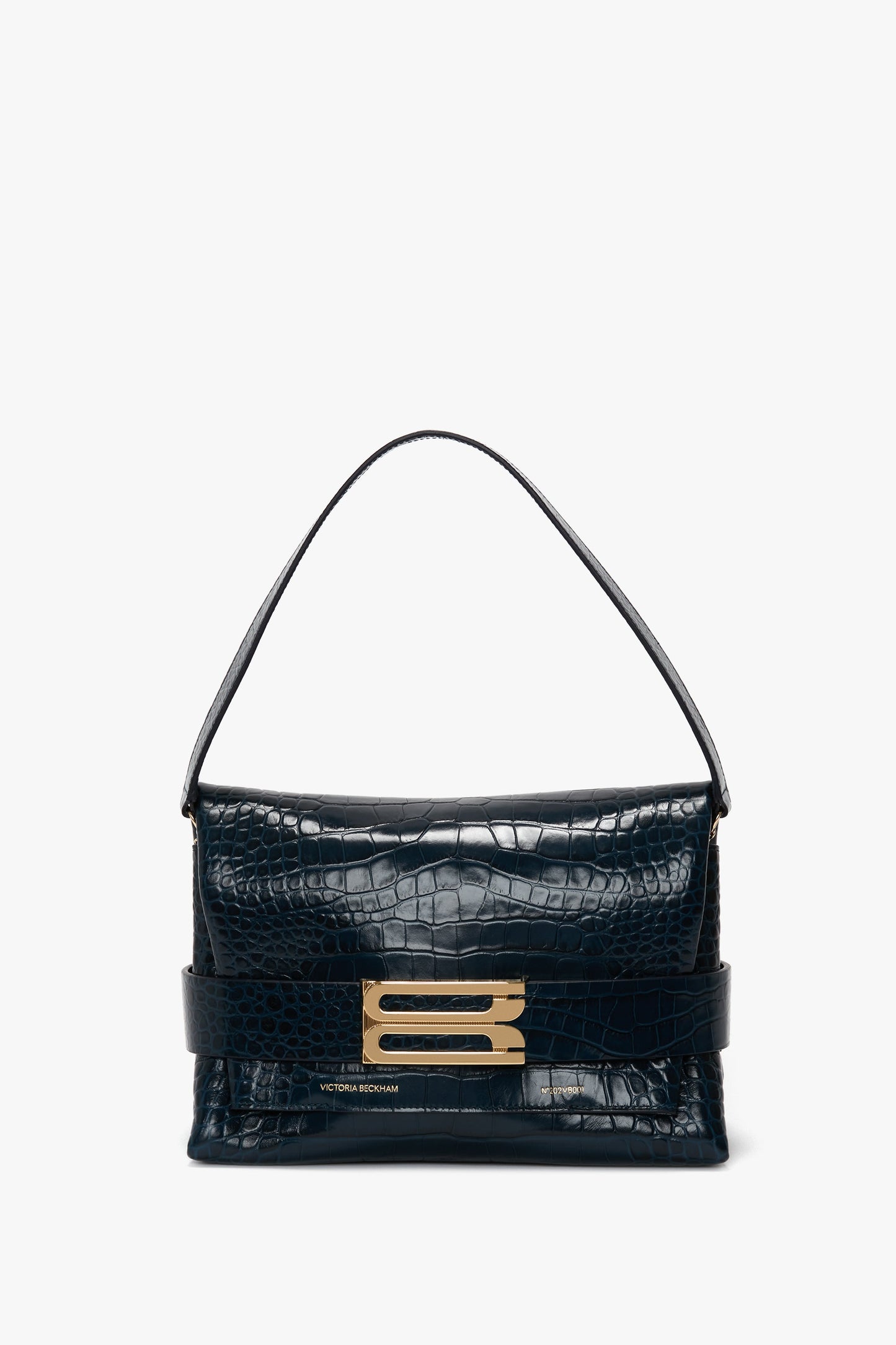 Victoria Beckham B Pouch Bag In Croc Effect Midnight Blue Leather with gold clasp and a single strap.