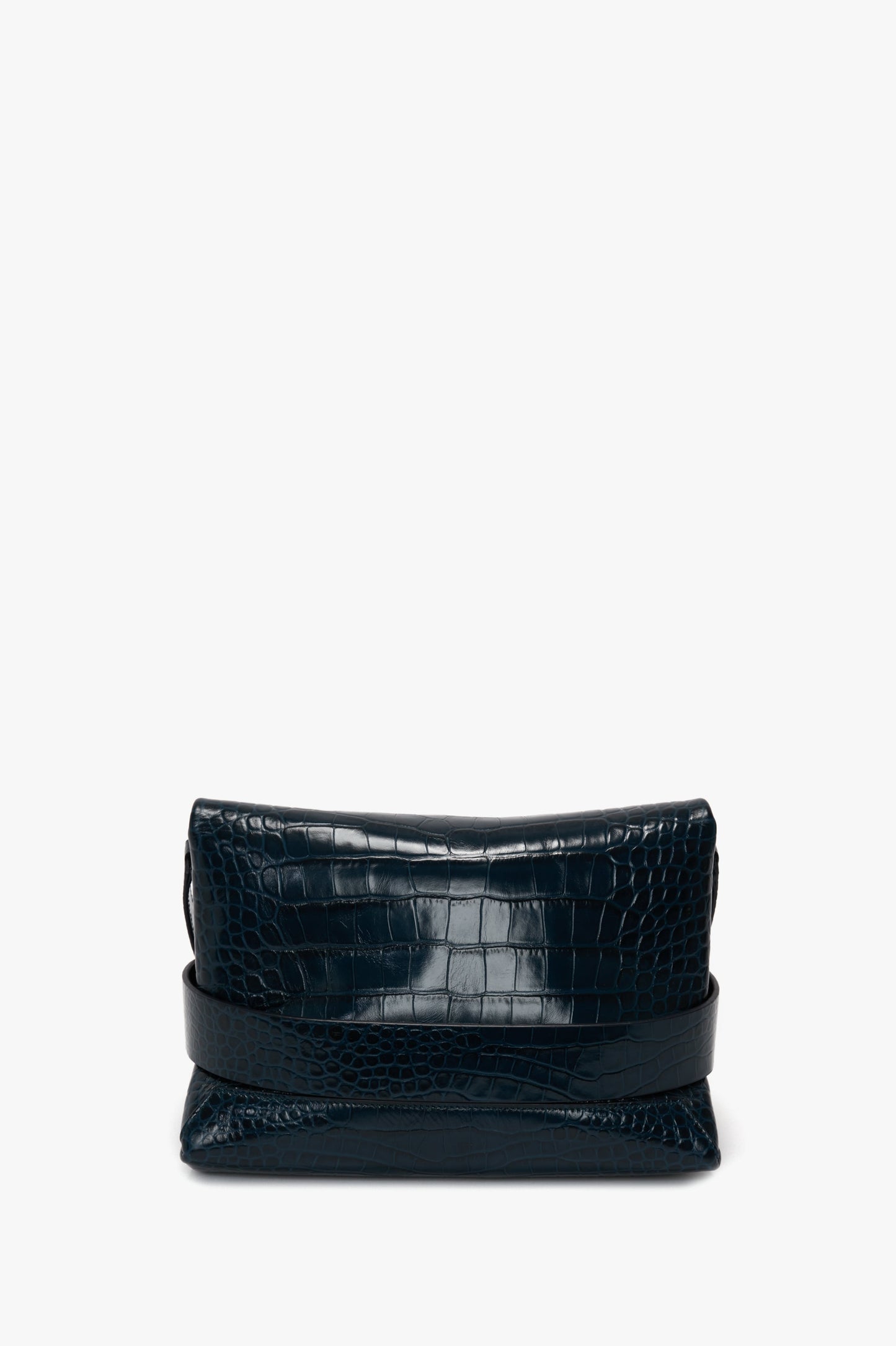 A folded black leather B Pouch Bag In Croc Effect Midnight Blue Leather by Victoria Beckham, displayed against a plain white background.
