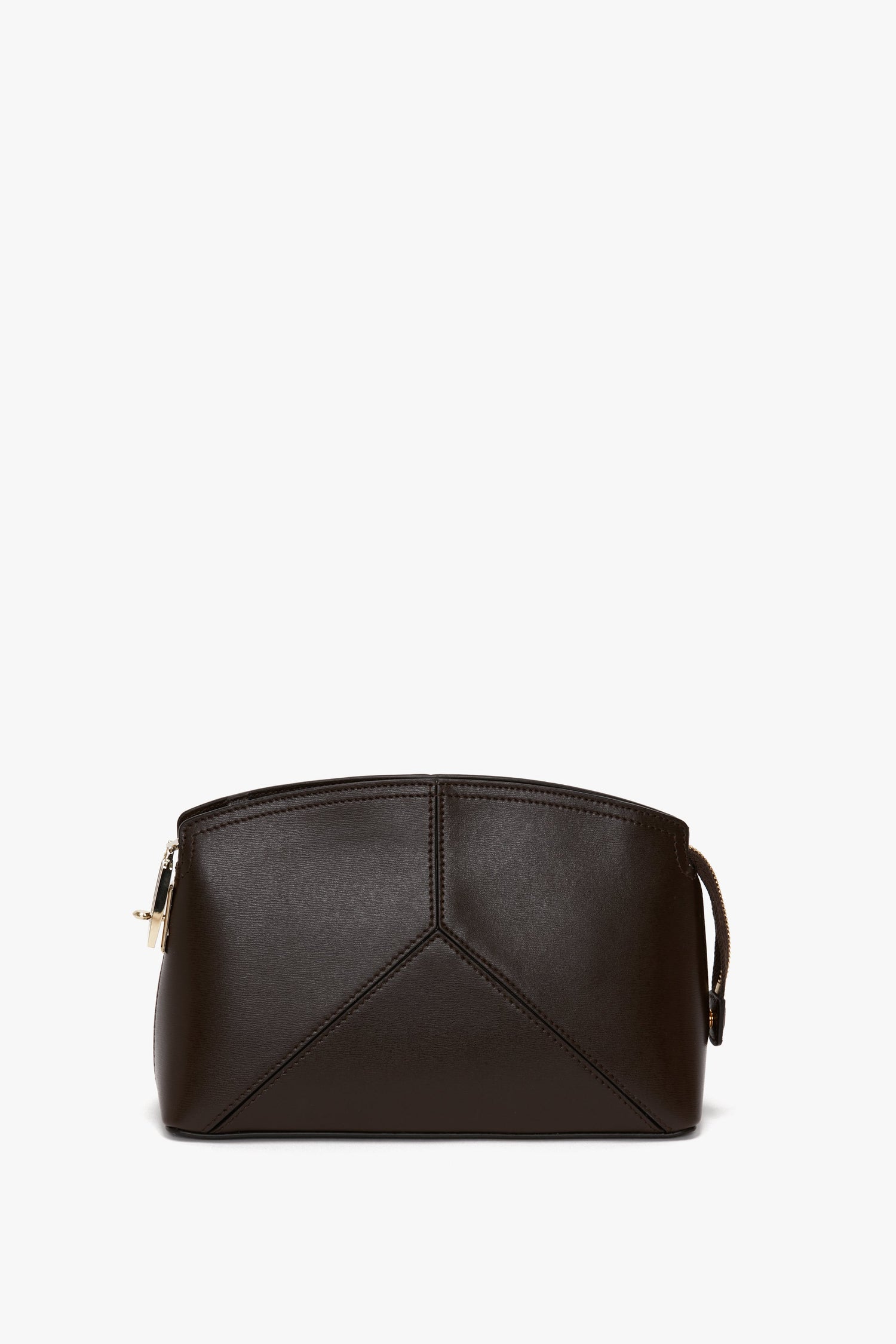 A small, dark brown calf leather pouch with geometric stitching and a zip closure on the left side, perfect for pairing with the Exclusive Victoria Crossbody Bag In Brown Leather by Victoria Beckham.