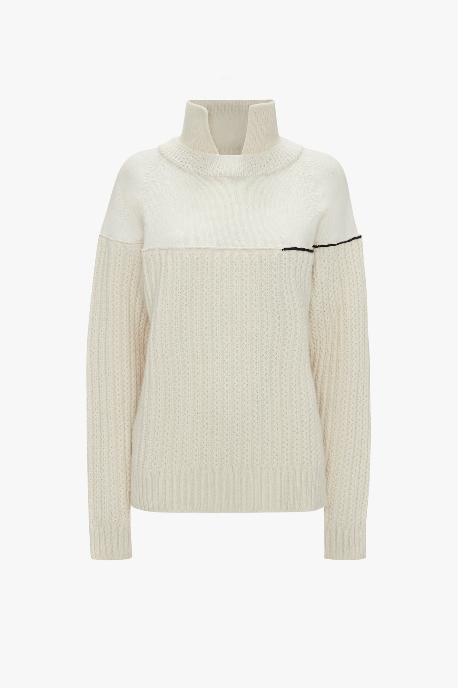 The Victoria Beckham Collar Detail Jumper In Natural exudes casual sophistication with its small black seam detail on the upper left chest.