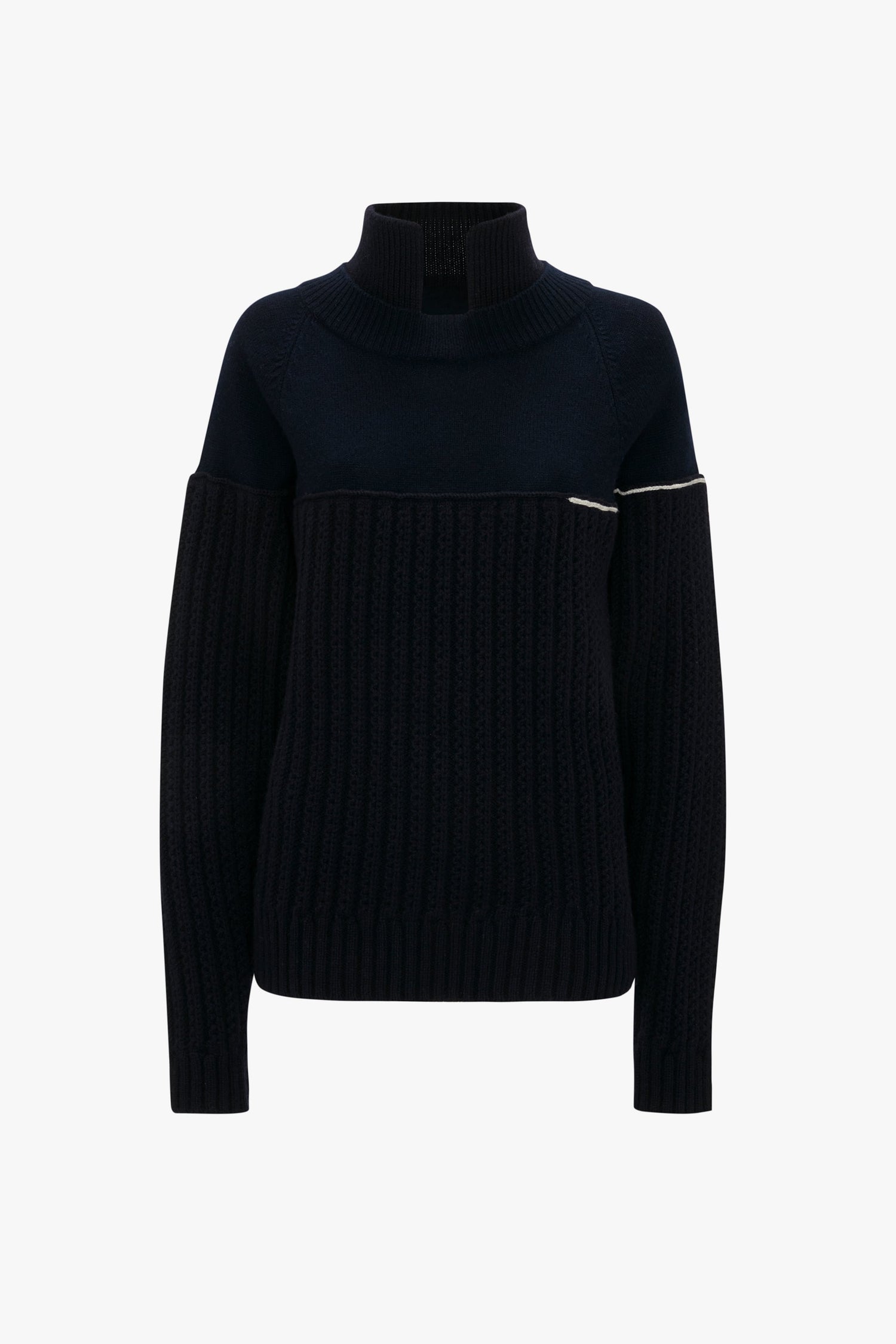 Collar Detail Jumper In Navy by Victoria Beckham with ribbed texture and cut-out shoulder design, displayed against a white background. This chic lambswool jumper combines contemporary style with cozy warmth.