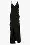 A long, black **Exclusive Asymmetric Bias Frill Dress In Black** by **Victoria Beckham** featuring a contemporary design with a V-neck, spaghetti straps, and multiple layered ruffles cascading down the front and sides.