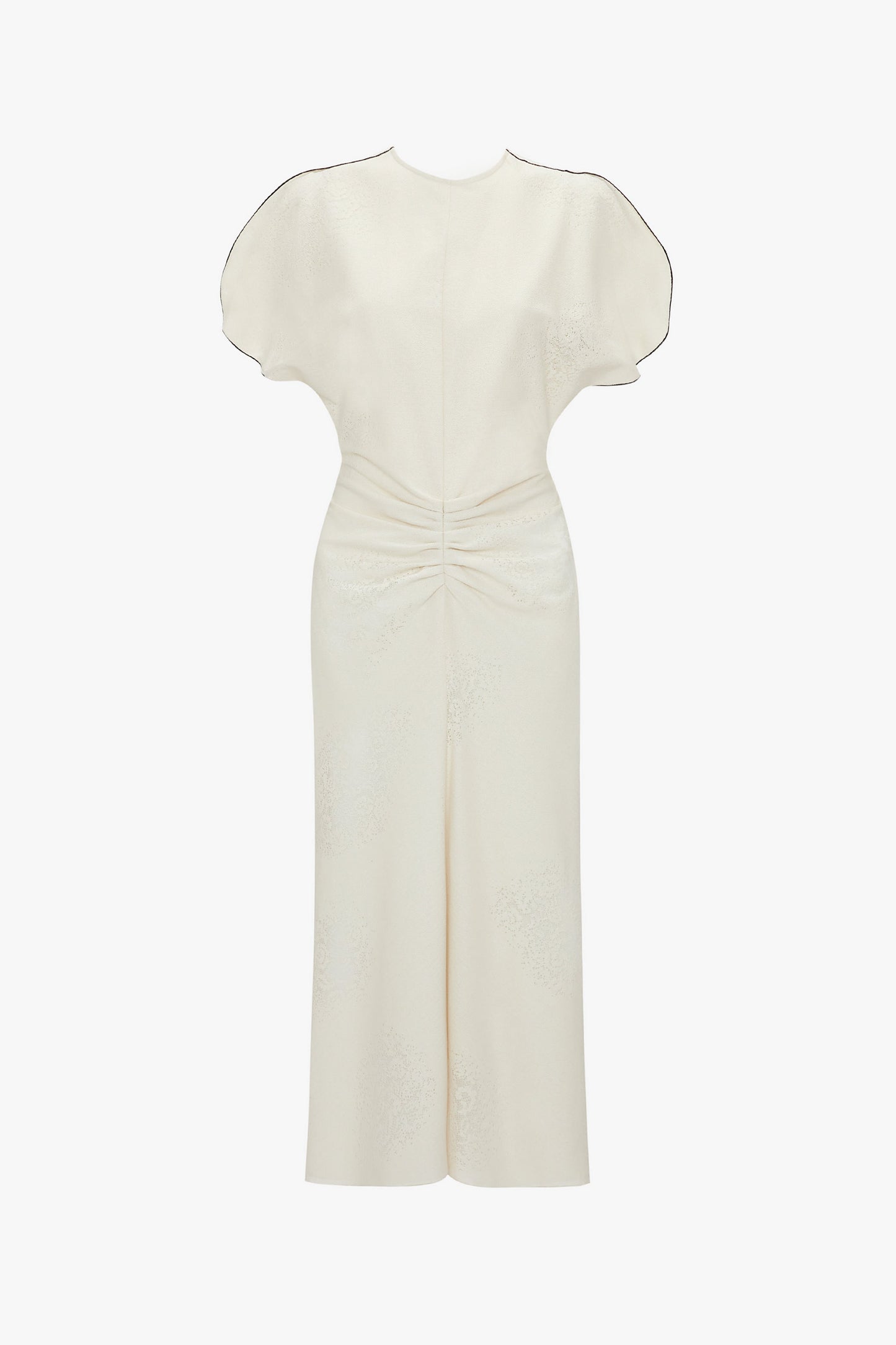 An elegant white dress featuring short puffed sleeves, a Gathered Waist Midi Dress In Cream and a subtle floral pattern by Victoria Beckham.