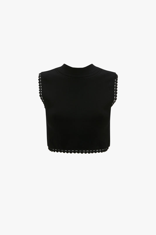 This versatile black sleeveless crop top, a summer essential, features braided detailing along the armholes and hem for a chic look. Perfect as a VB Body Scallop Trim Tank Top In Black by Victoria Beckham staple in any wardrobe.