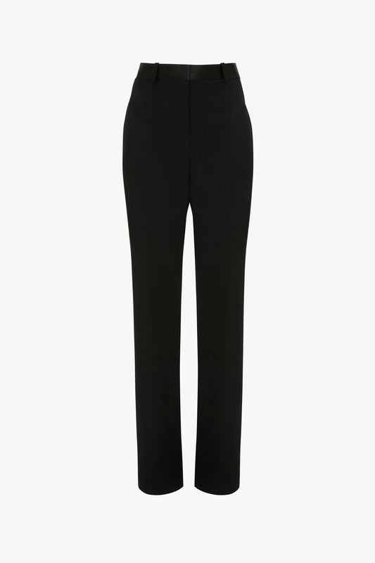 A pair of Satin Panel Straight Leg Trouser by Victoria Beckham with satin tuxedo braid and belt loops, viewed from the front.