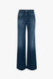 Image of a pair of high-waisted, wide-leg blue jeans with front button and zip closure, front pockets, and decorative stitching in a dark vintage wash. The style echoes the sophistication of Victoria Beckham's Alina High Waisted Jean in Dark Vintage Wash collection.