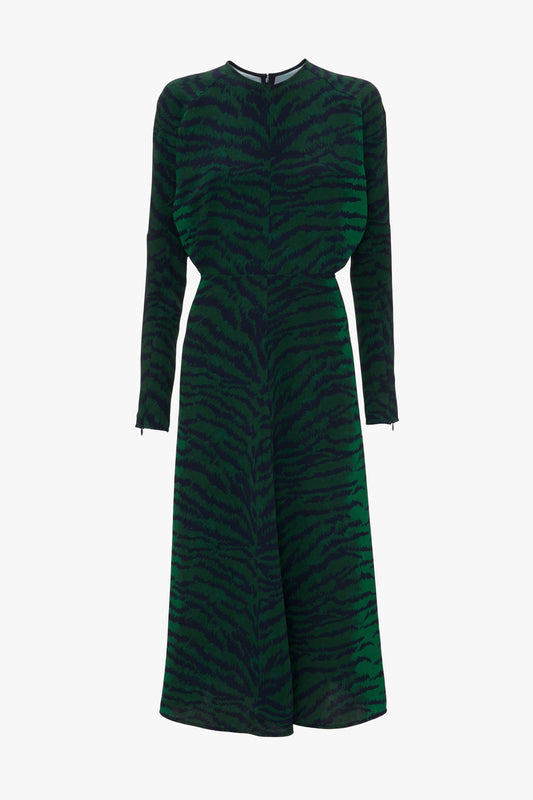 A long-sleeved, knee-length Victoria Beckham Dolman midi dress with a green and navy tiger print, displayed on a white background.
