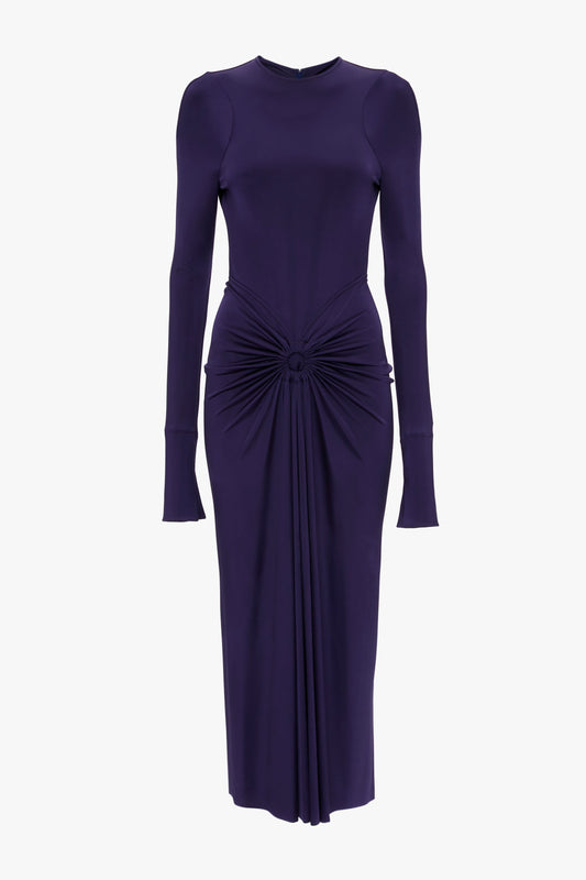 A Victoria Beckham Long Sleeve Gathered Midi Dress In Ultraviolet.