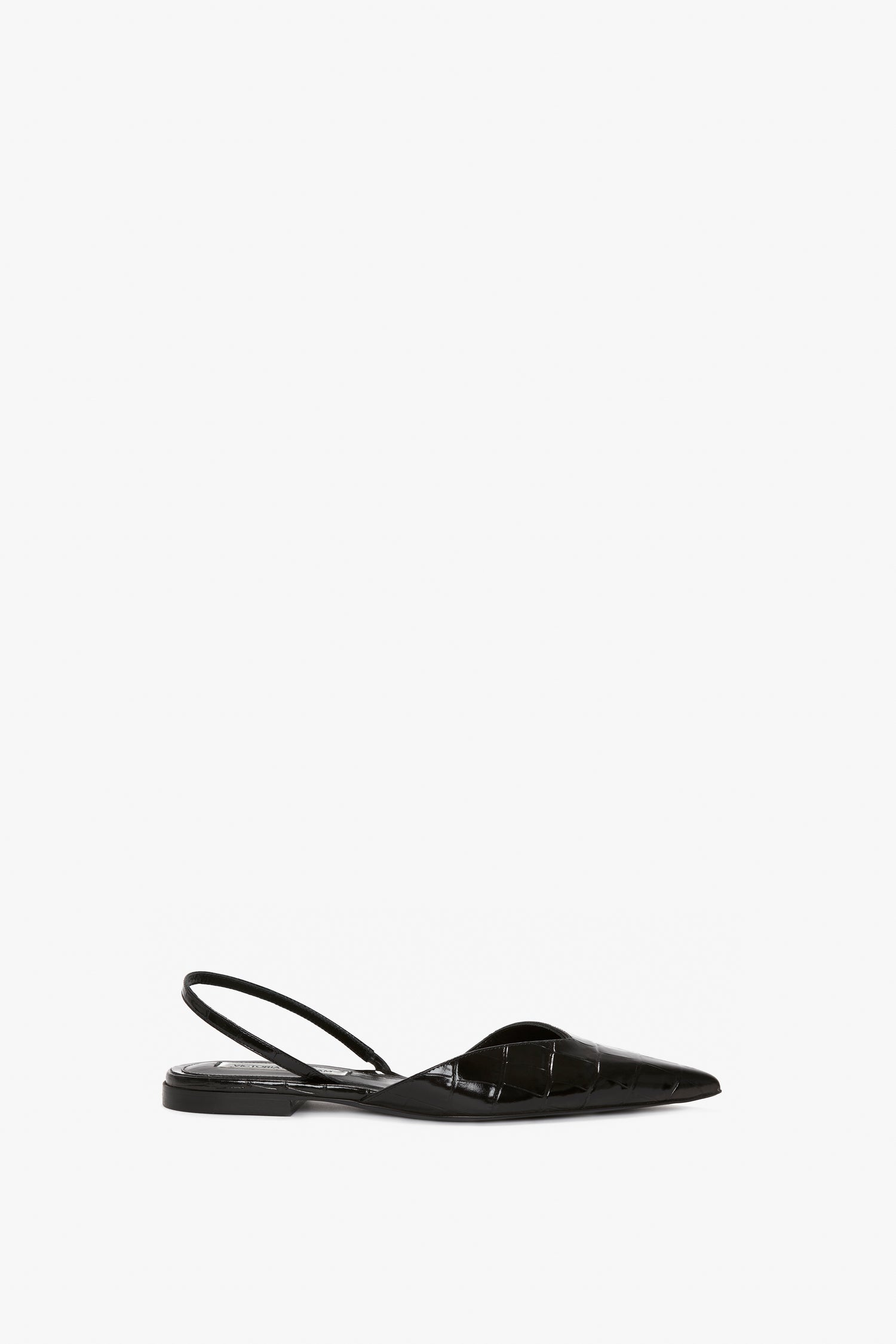 A V Cut Sling Back In Black Croc-Effect Leather by Victoria Beckham with a low heel, featuring croc-embossed calf leather and a single elasticated ankle strap around the heel.