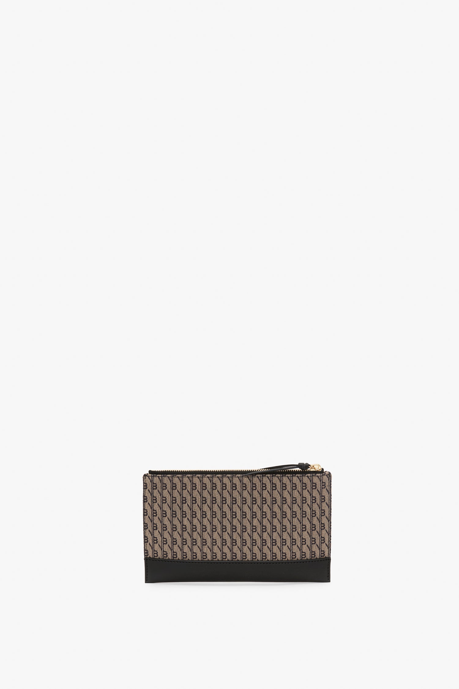 A rectangular zippered beauty pouch with a black and brown monogram motif exterior and a black bottom section. Introducing the Exclusive Beauty Pouch In VB Monogram by Victoria Beckham.