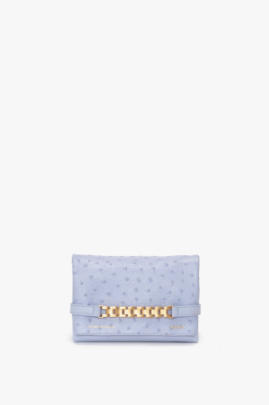 Mini Chain Pouch With Long Strap In Frost Ostrich-Effect Leather wallet by Victoria Beckham, displayed against a white background.