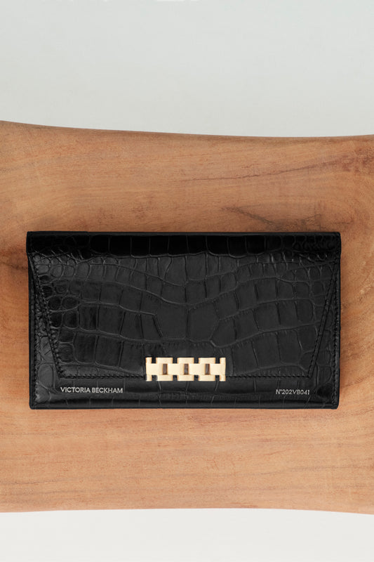 Wallet On Chain In Black Croc Embossed Leather