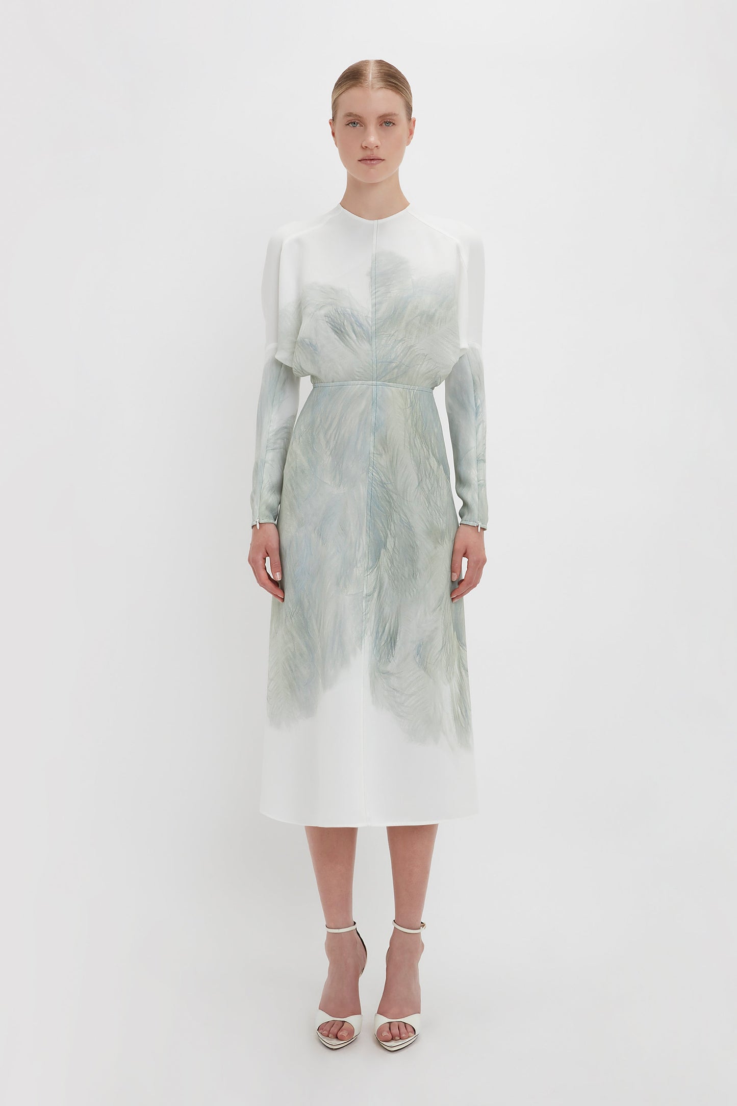 Dolman Midi Dress In White Digital Feather Print