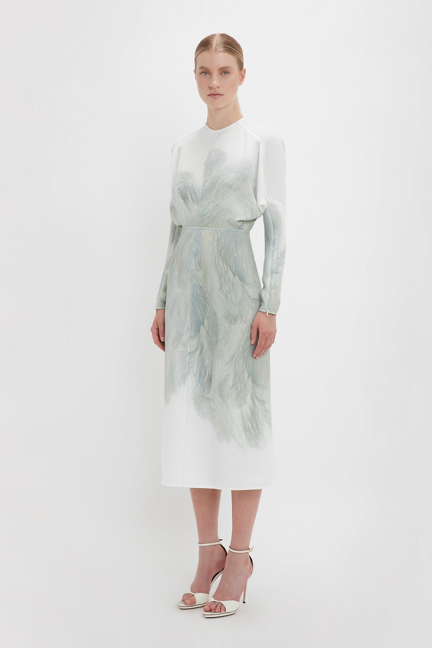 Dolman Midi Dress In White Digital Feather Print