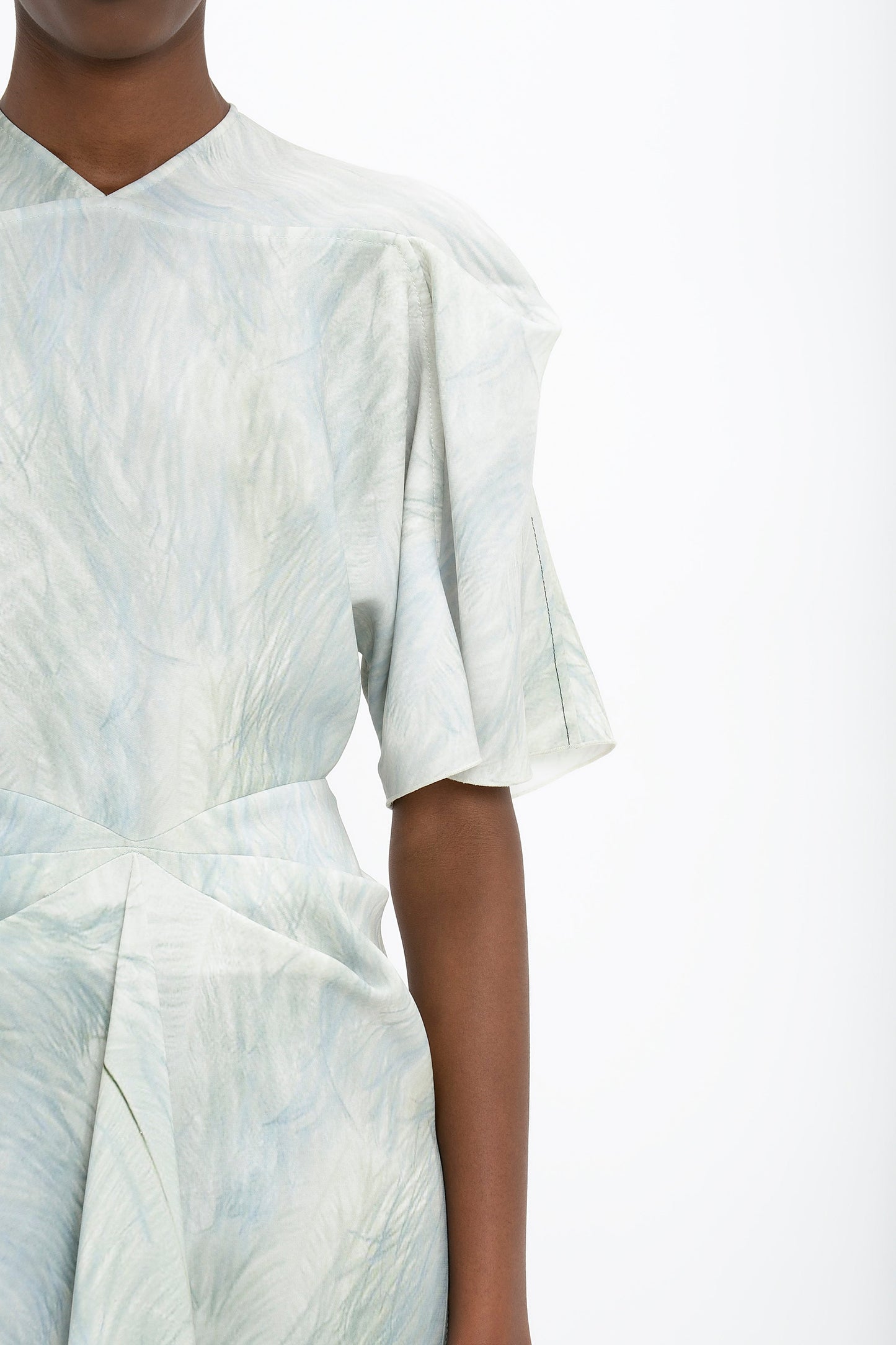 Drape Sleeve Midi Dress In White Digital Feather Print