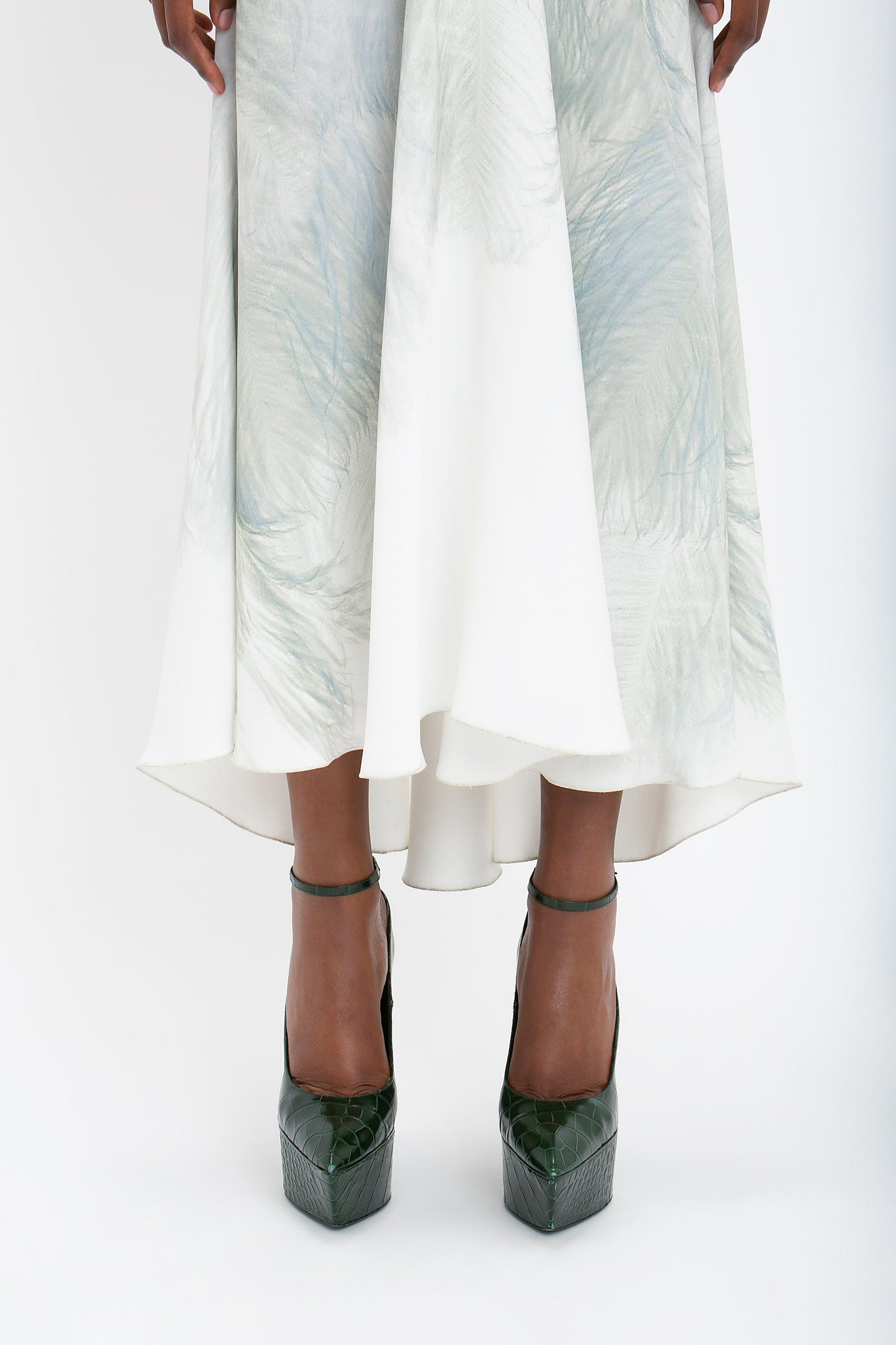 Drape Sleeve Midi Dress In White Digital Feather Print