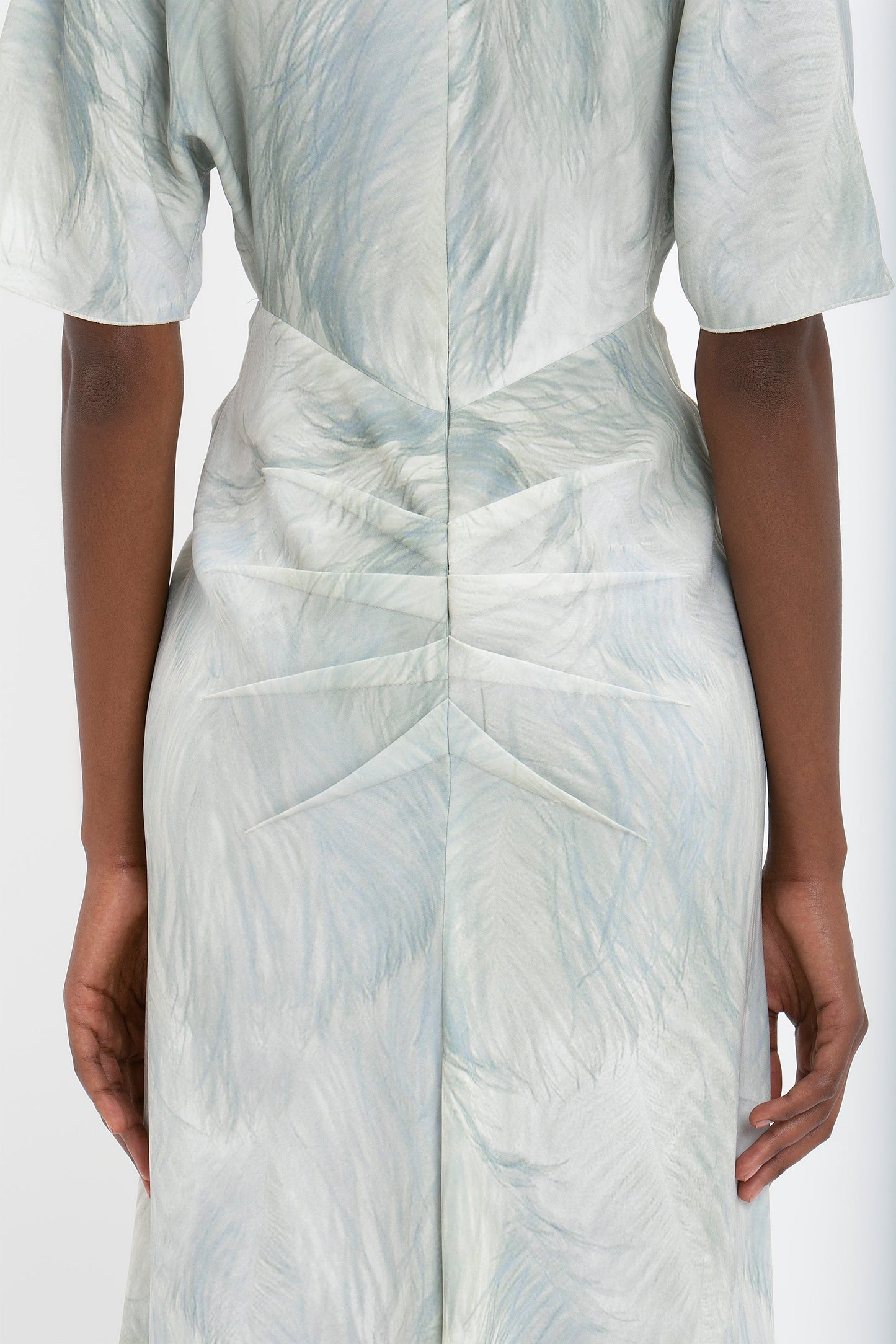 Drape Sleeve Midi Dress In White Digital Feather Print