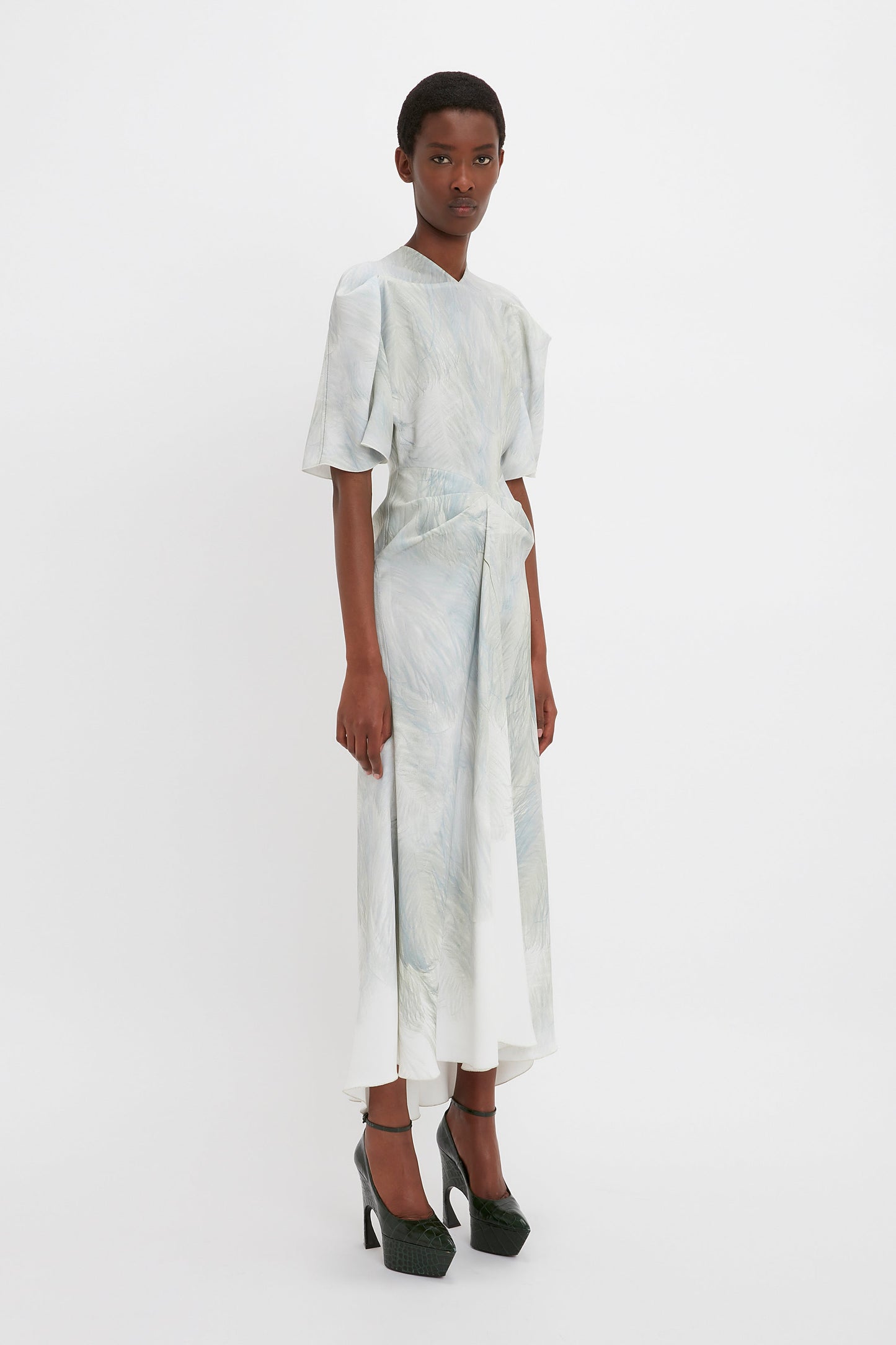 Drape Sleeve Midi Dress In White Digital Feather Print