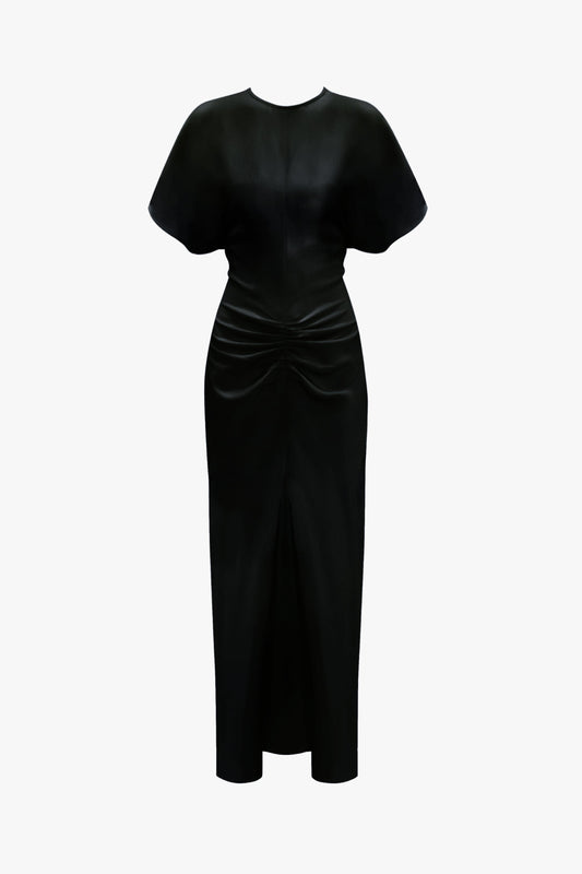 Victoria Beckham Gathered Waist Midi Dress In Black with short sleeves, displayed on a white background.