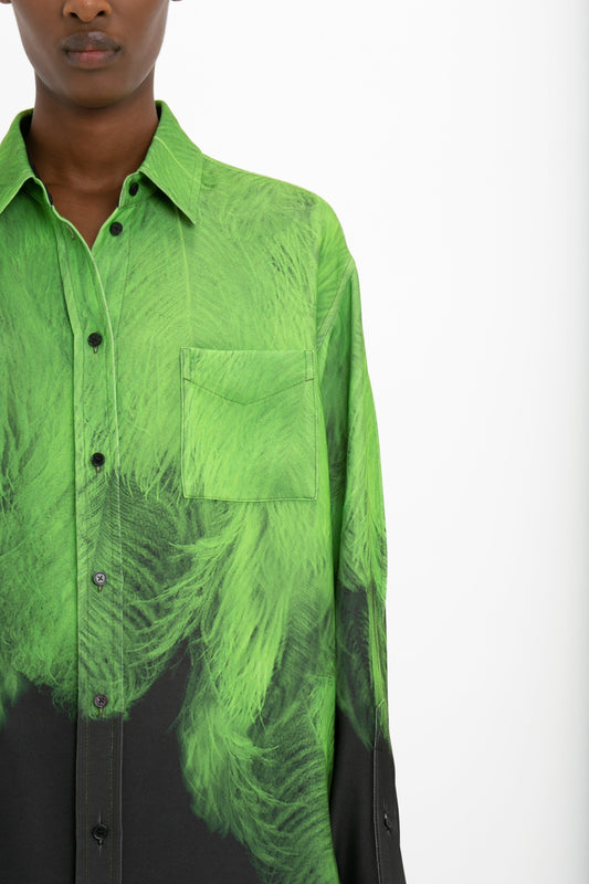 Oversized Digital Feather Print Shirt in Black-Green