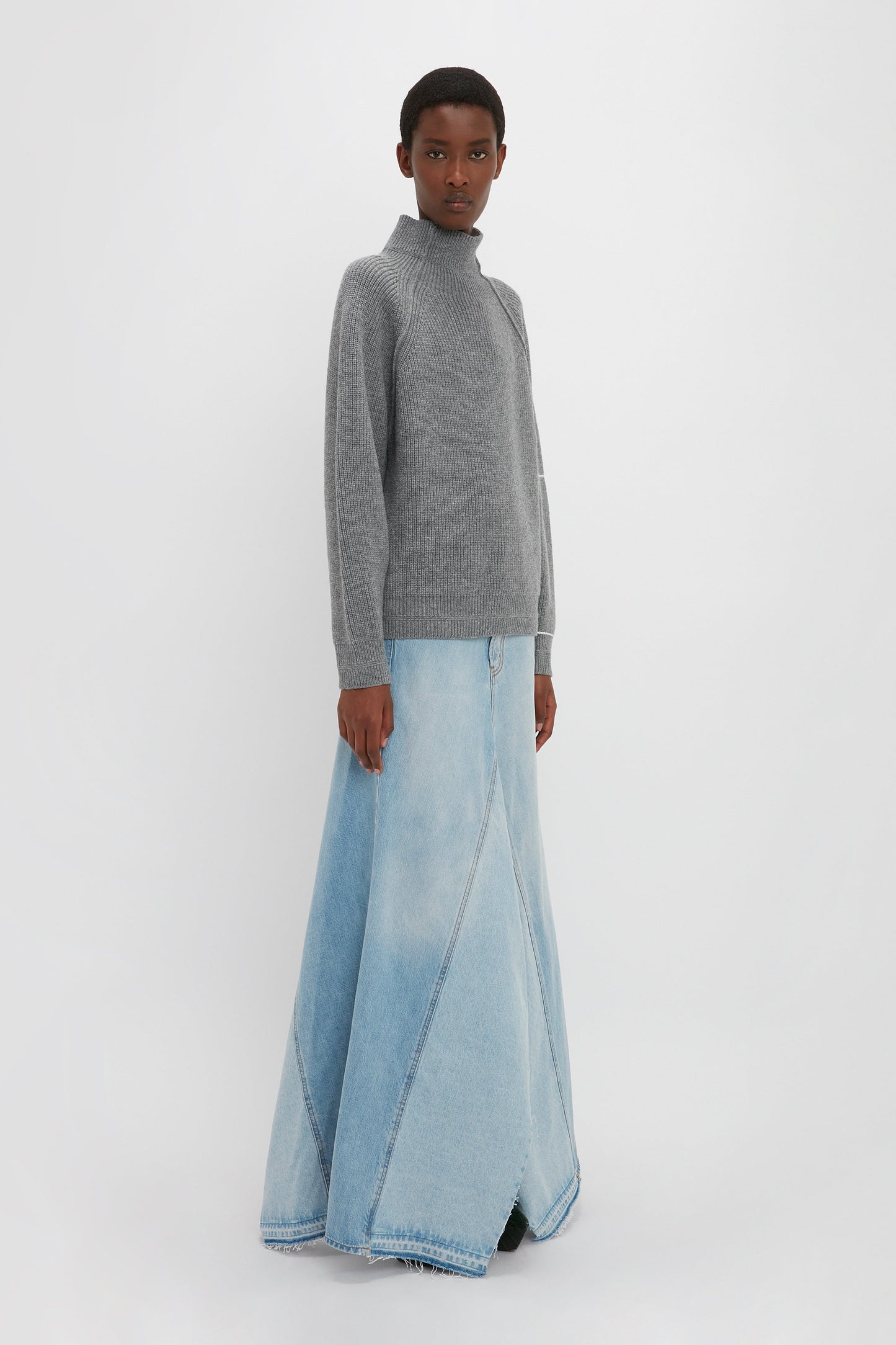 Maxi Godet Denim Skirt In Light Blue Wash
