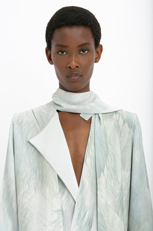 Scarf Neck Blouse In White Digital Feather Print