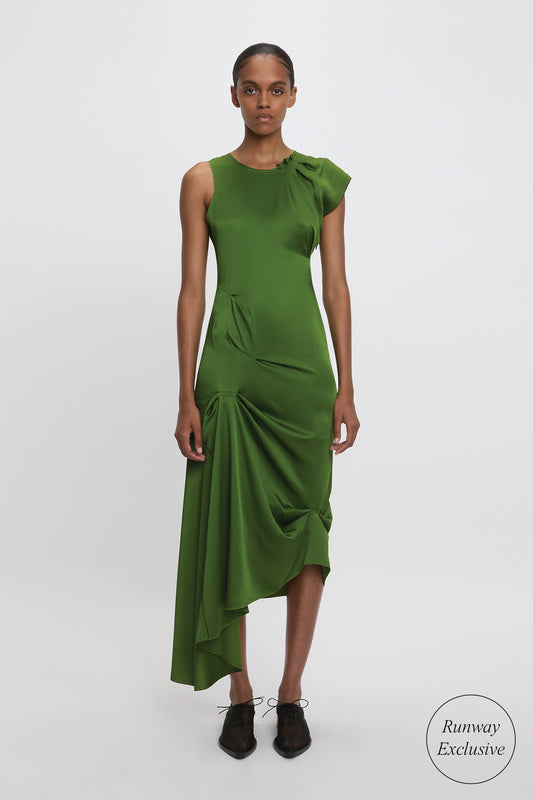 Draped Tuck Detail Midi Dress in Algae Green