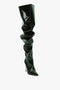 A dark green grained patent, over-the-knee boot with a pointed toe and stiletto heel, the Victoria Beckham Thigh High Pointy Boot in Dark Green Grained Patent offers a sophisticated finishing touch to any ensemble.