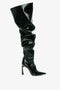 A single, dark green grained patent leather Thigh High Pointy Boot by Victoria Beckham with a slouchy design, pointed toe, and a stiletto heel on a plain white background provides a sophisticated finishing touch to any ensemble.