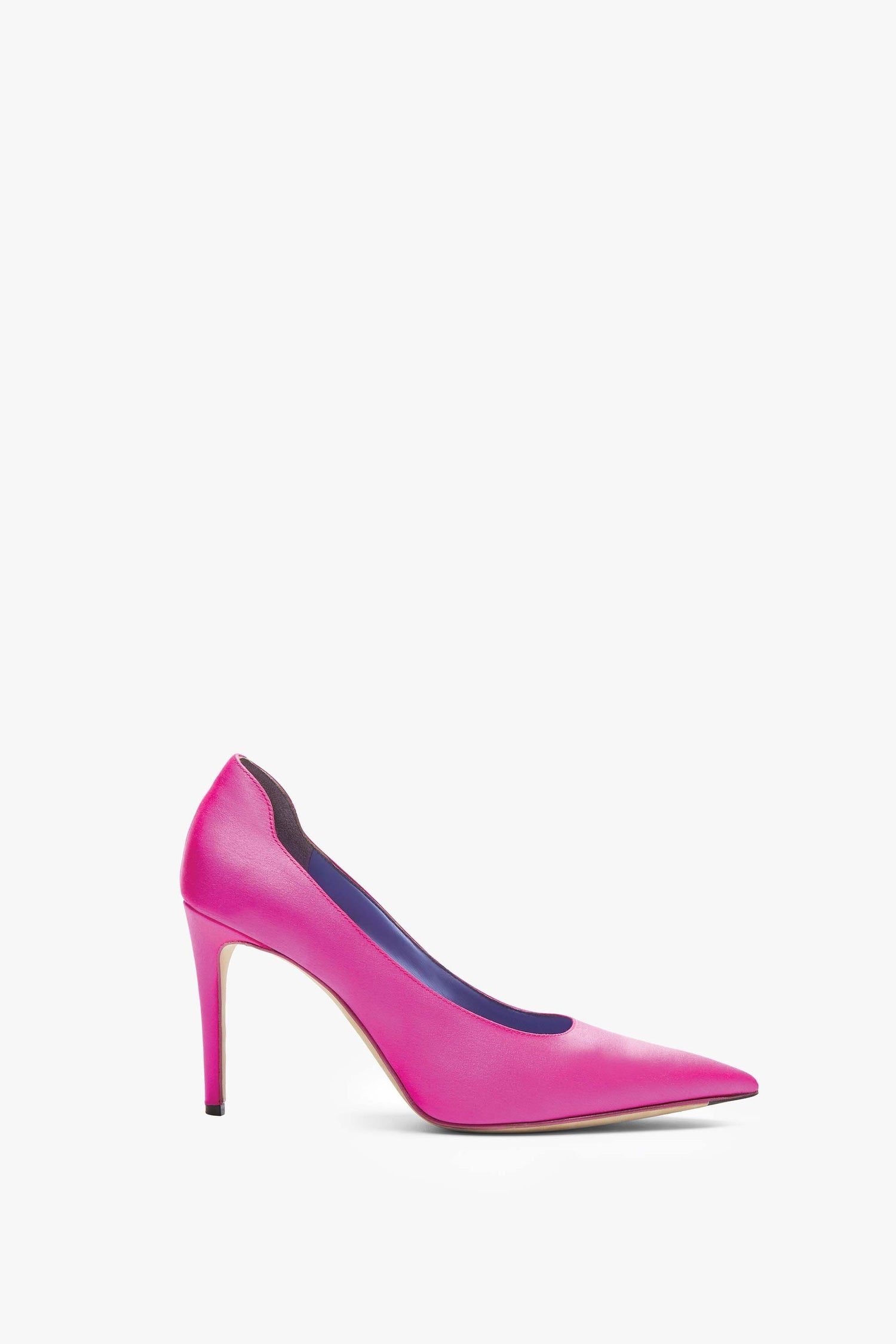 A fuchsia satin stiletto heel with a pointed toe and a blue insole on a white background. This is the VB 90 Pumps by Victoria Beckham.