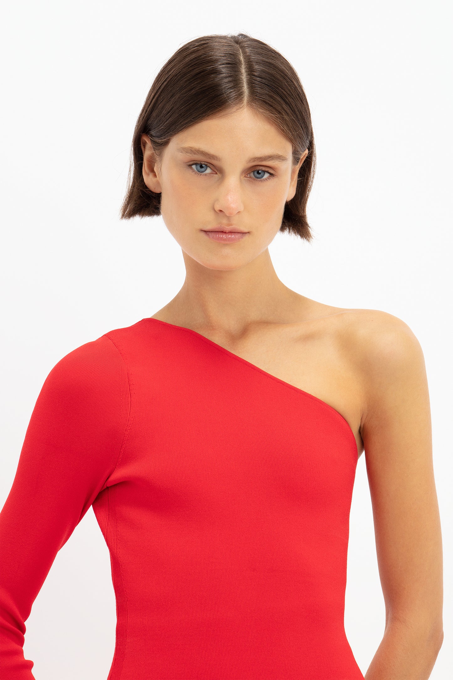 One Shoulder Knitted Gown In Red