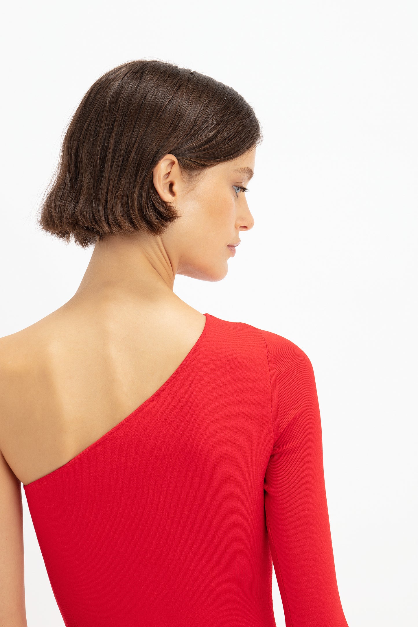 One Shoulder Knitted Gown In Red