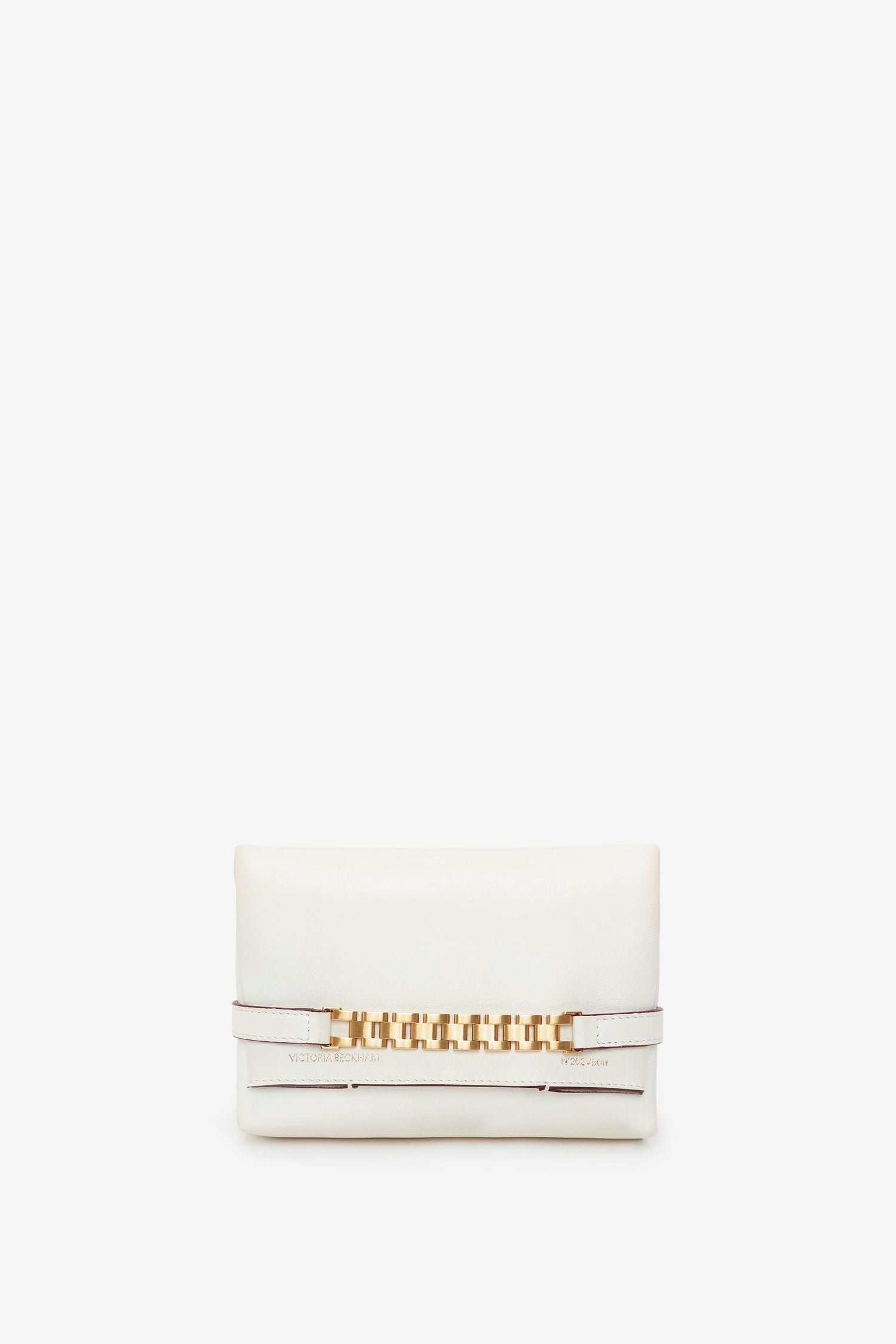 A Mini Chain Pouch Bag With Long Strap In White Leather by Victoria Beckham with a gold chain detail on the front and a removable strap.